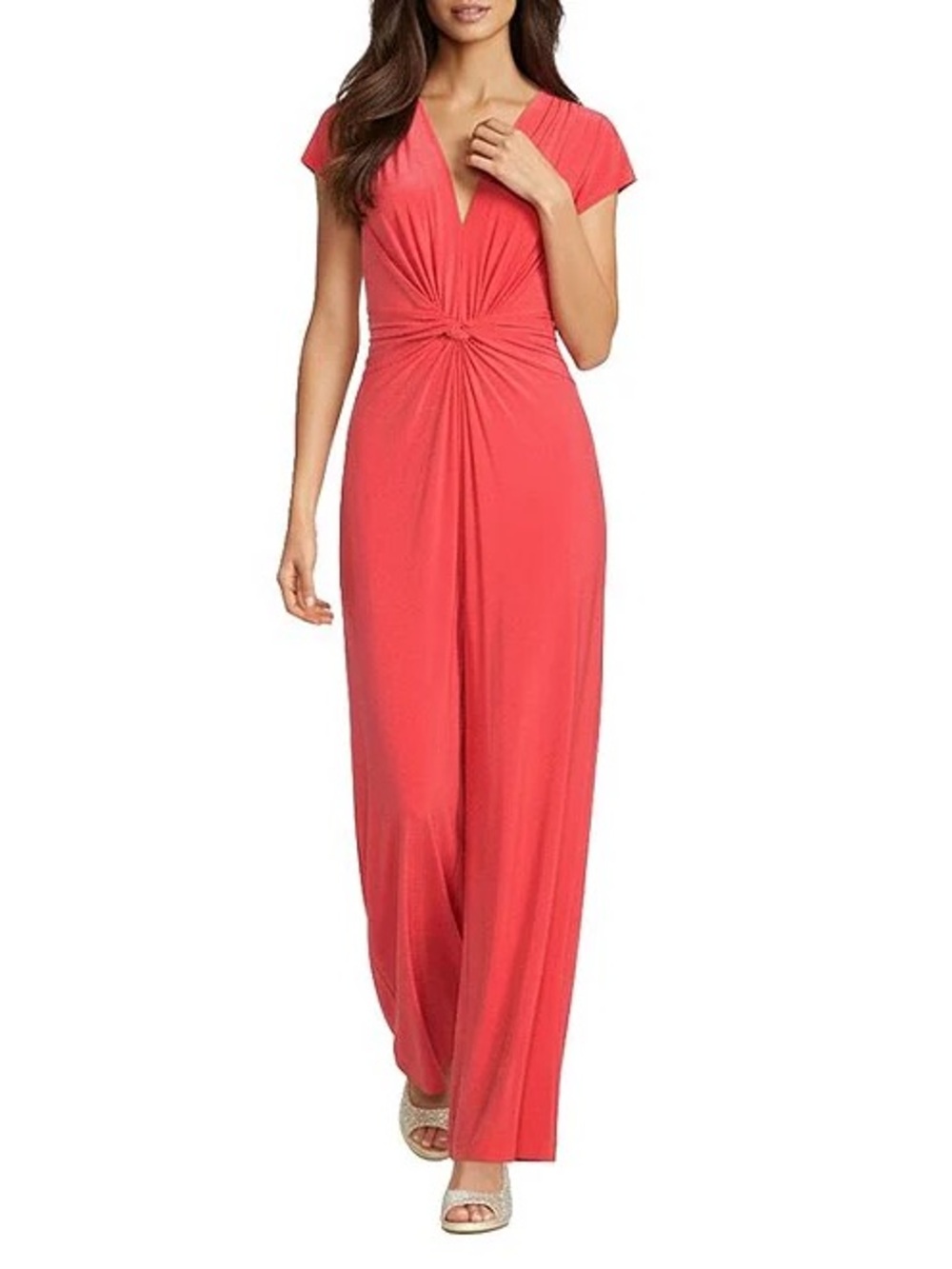 NWT Vince Camuto XS Wide Leg Jumpsuit Cap Sleeve Deep V Twist Knot Front Coral